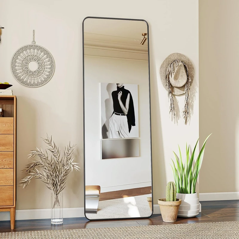 Koonmi Full Length Mirror, 150 x 40 cm, Rectangle Round Corner Full Body Mirror with Stand, Aluminium Alloy Frame, Tempered Glass, for Bedroom, Living Room, Cloakroom, Black