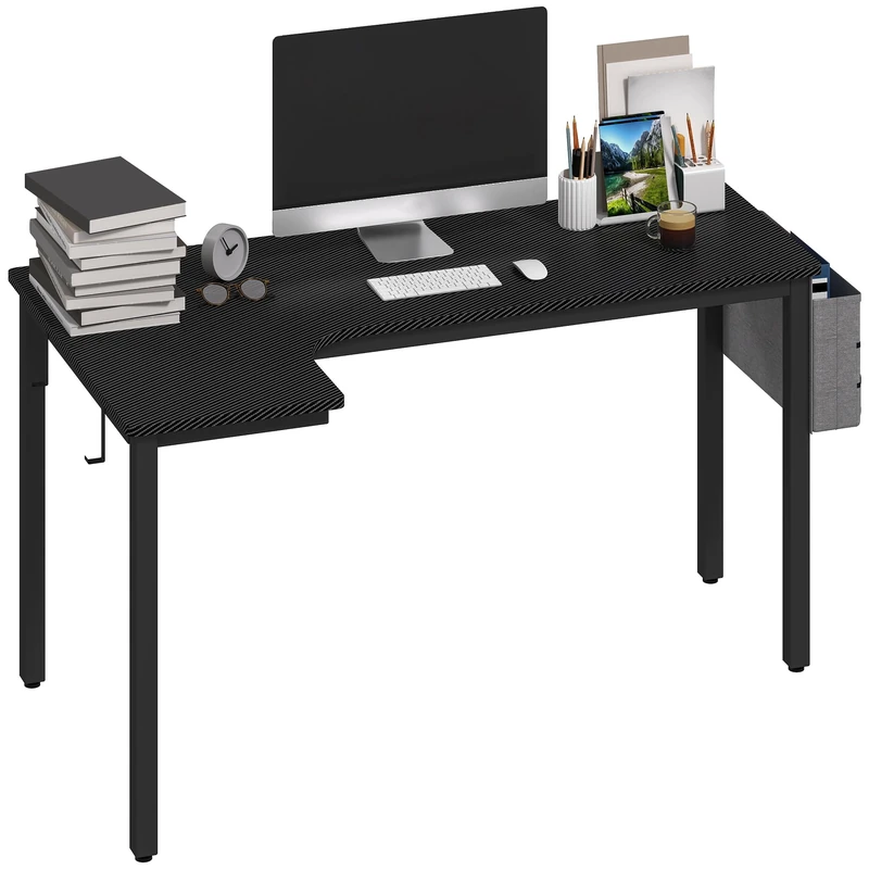 HOMCOM L-Shaped Gaming Desk, Computer Corner Desk, Home Office Workstation with Fabric Bag, Hooks and Cable Management, 145 x 81 x 76cm, Black, Left