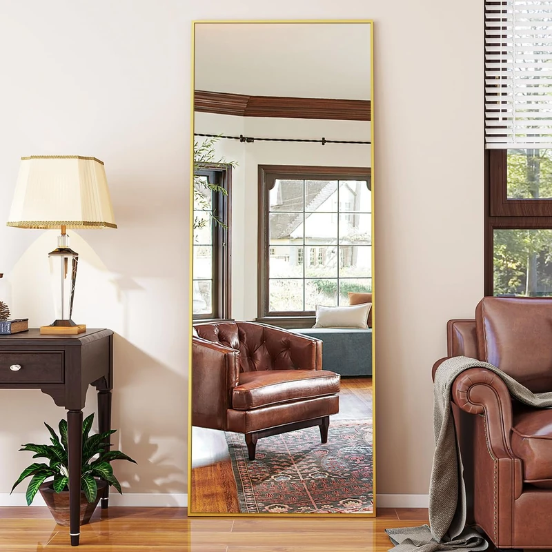 Koonmi full-length mirror, 52×161cm, rectangular floor mirror, rectangular aluminium alloy frame, tempered glass, for bedroom, living room, bathroom decoration, gold