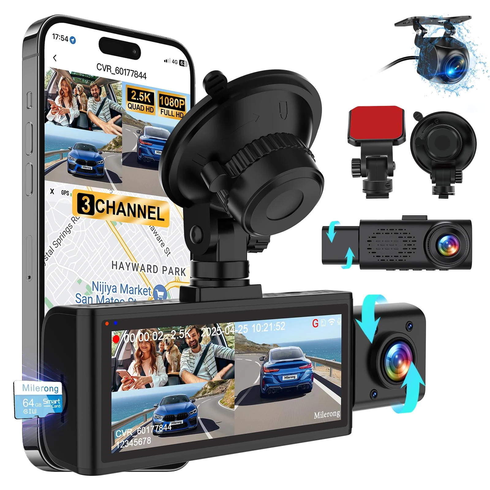 2.5K Dash Cam Front Rear and Inside, 3 Channel Dual Dash Camera WiFi Dashcams with 64GB Card,1440P Dashcam Front+1080P Inside Car Camera+1080P Rear Car Dash Cam,G-Sensor,IR Night Vision