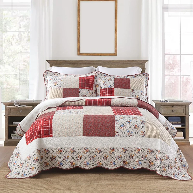 camandy Cotton Bedspread Quilt Bedding Sets 3 Pieces Reversible Coverlet Sets Comforters Vintage Red White Rose Floral Patchwork Bedspread, King Size