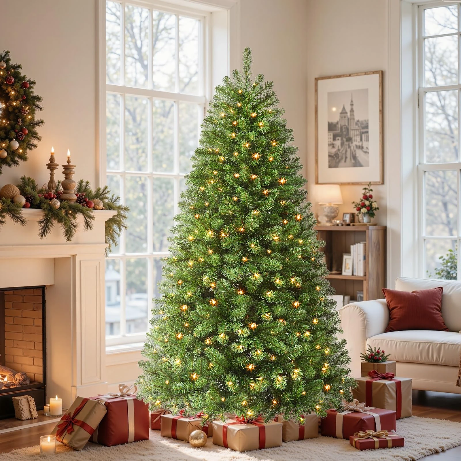 SHareconn 6ft Pre Lit Christmas Tree with 250 Warm White LED Lights, 8 Adjustable Lighting Modes, 778 Branch Tips, Foldable Metal Stand, Artificial Christmas Trees for Home Party Decoration, Green