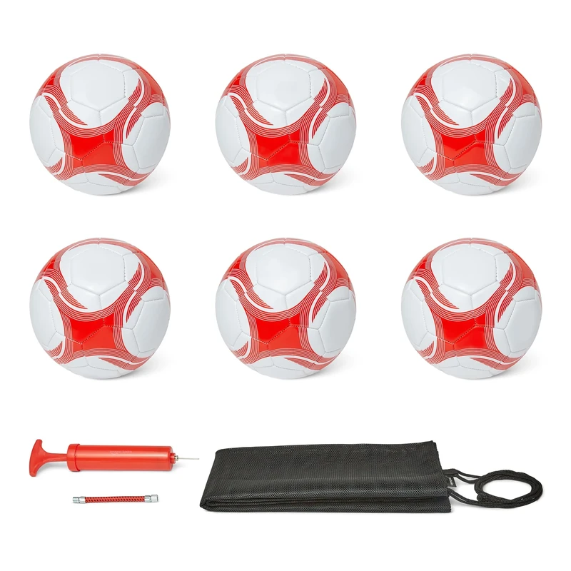Amazon Basics 6-Pack Size 3 Soccer Balls with Pump and Bag - Training Ball Set, PVC Construction, Butyl Bladder, Machine Stitched Practice Balls for Teams, Schools, Camps, White and Red