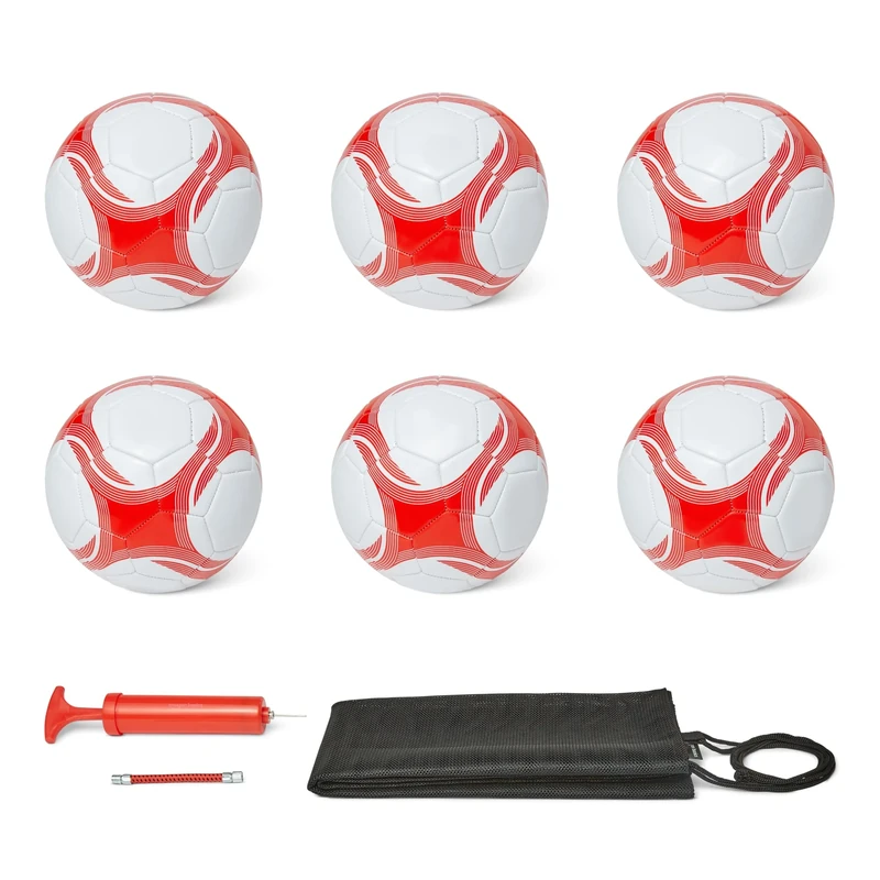 Amazon Basics 6-Pack Size 4 Soccer Balls with Pump and Bag - Training Ball Set, PVC Construction, Butyl Bladder, Machine Stitched Practice Balls for Teams, Schools, Camps, White and Red