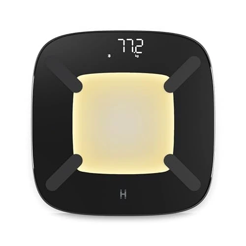 Homedics glo Body Analyser Scale - Bathroom Scales with Motion-Sensing Night Light, 100% Recycled Plastic Base, High-Precision Digital Display, lbs/kgs/st Weight Scale Options, Sleek Tempered Glass