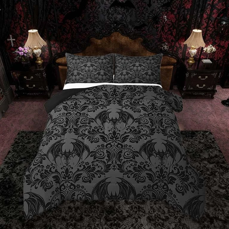 Feelyou Adults Gothic Comforter Set Queen Size Dark Olive Green Damask Comforter Bat Bohemia Boho Bedding Set Goth Duvet Set Vintage Victorian Baroque Floral Quilt Set 3Pcs