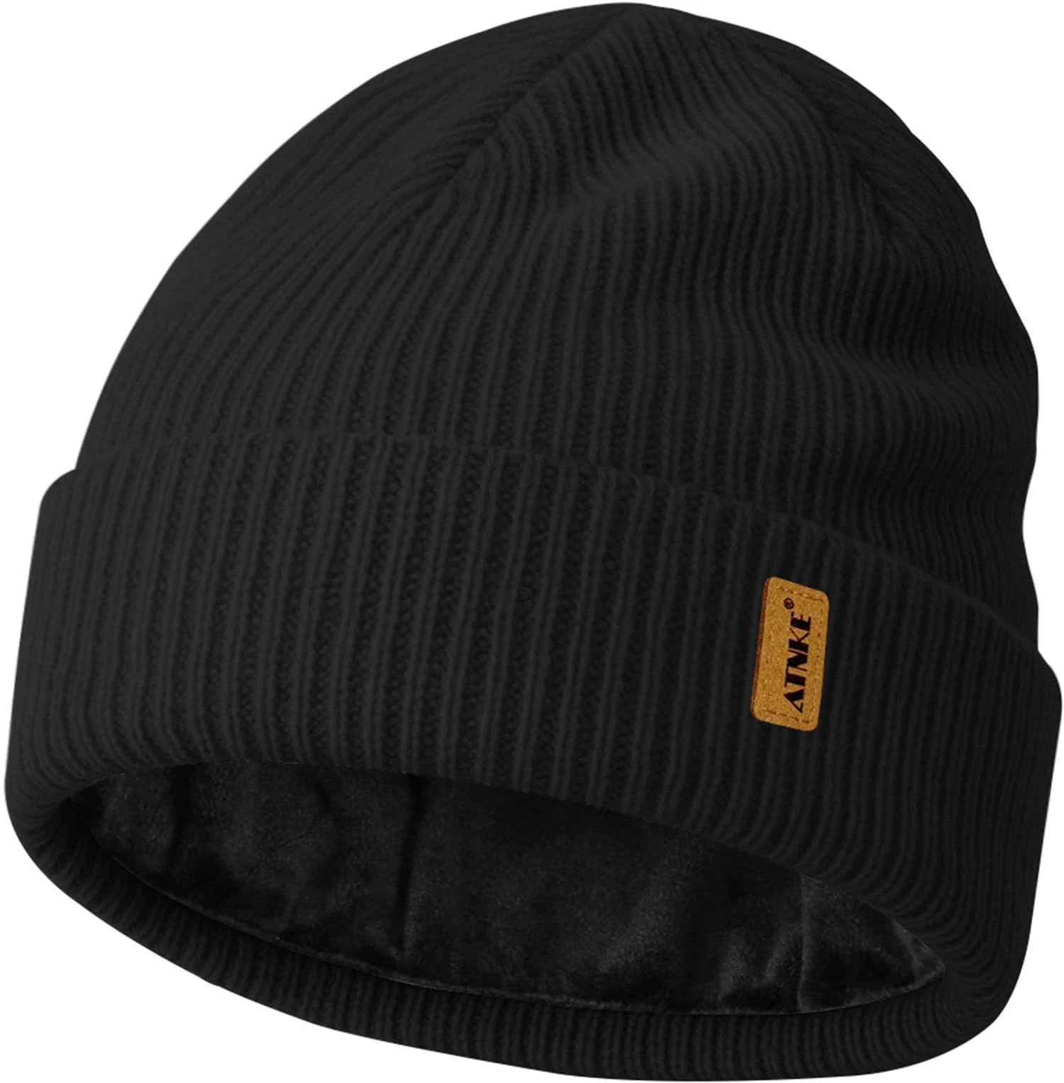 ATNKE Unisex Knit Beanie Hat, Stretchy Thick Warm Fleece Lined Daily Winter Soft Cuffed Wooly Skull Cap Gifts for Men Dad and Women/Black