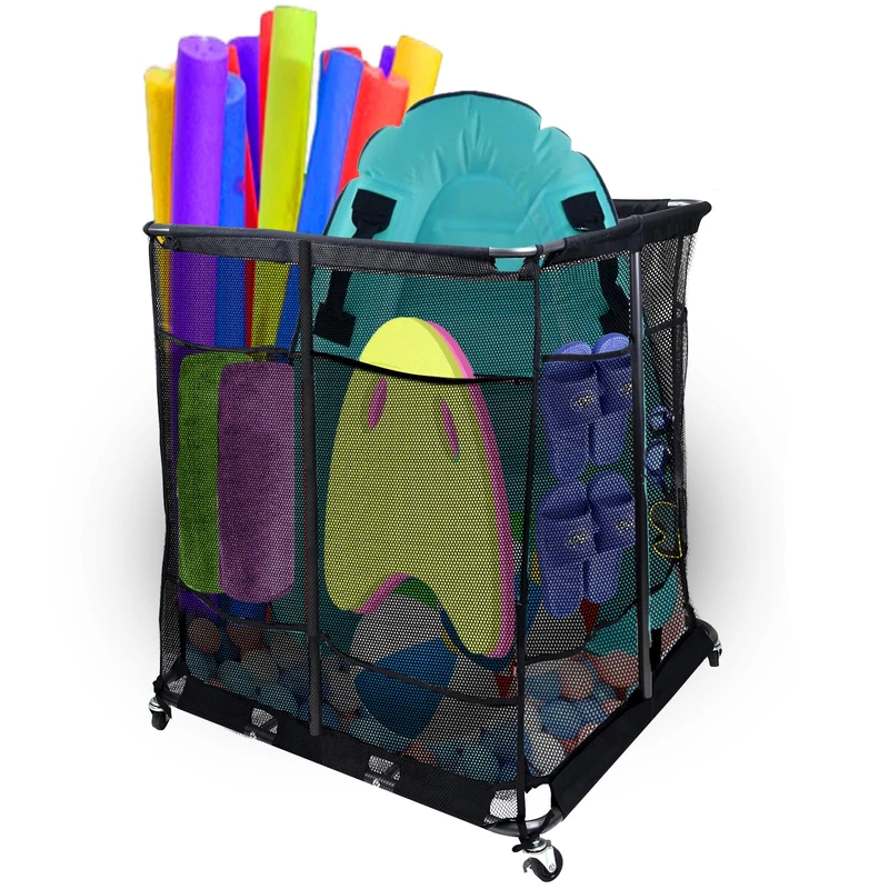 Pool Float Storage Organizer with 2 in 1 Mesh Storage Cover, XXL Nylon Mesh Pool Storage Bin Pool Float Toy Holder with Metal Frame and 360° Wheel for Pool Noodles Toys Floats Balls Equipment (L)