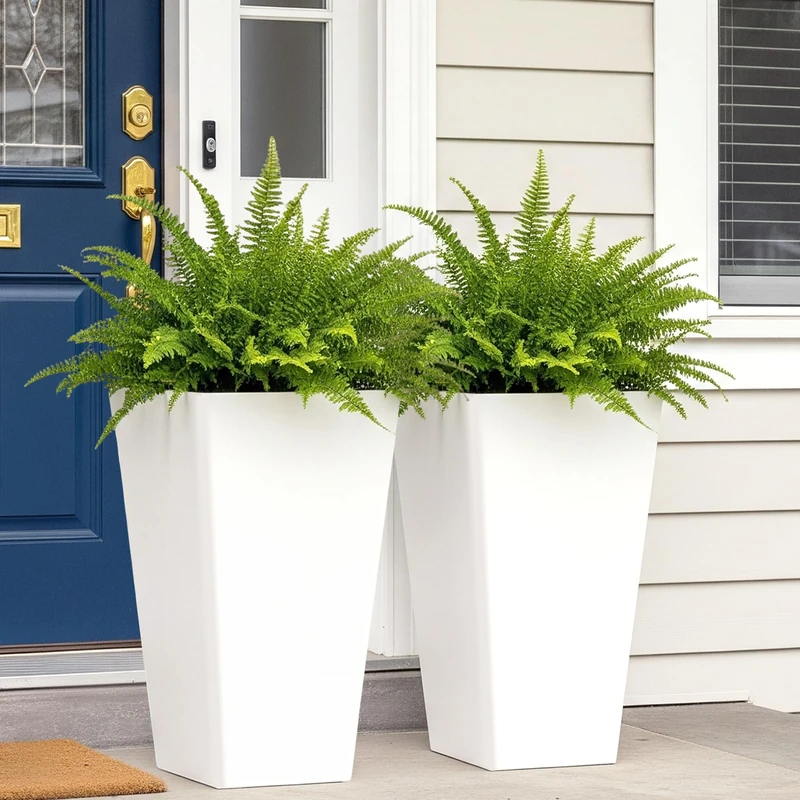 Worth Garden 20" Tall Planters Set of 2 - Large White Plastic Tapered Planters for Indoor and Outdoor Use - Modern Plant Containers with Drainage Holes