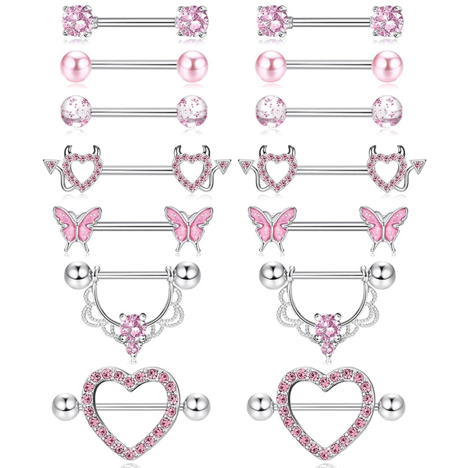 DAVBNM 7 Pairs Nipple Piercing Jewellery, 14G Nipple Bars, Bar Piercing Tongue Bar Nipple Bar, Surgical Steel Nipple Jewellery Body Piercing for Women（Pink）
