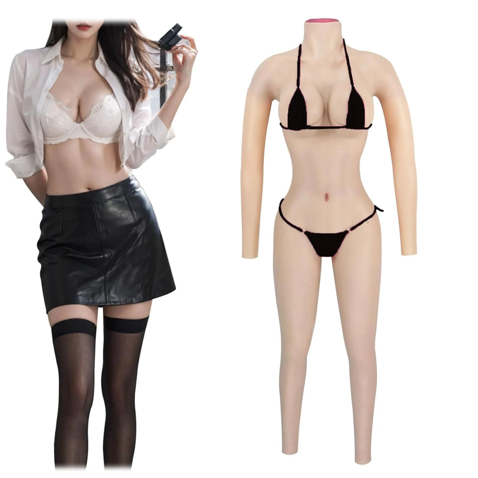 FSYH Silicone Bodysuit Full Body Ankle Length Suit Fake Boobs Enhancer Can Insert And PeeVaginal Panty for Crossdresser,Cream,G