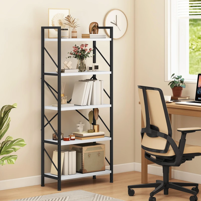 DWVO 5 Tiers Book Shelf, Wood and Metal Bookcase Storage Organizer, Industrial Bookshelf Tall Shelving Unit Display Rack for Living Room Kitchen Bedroom, White Book Rack