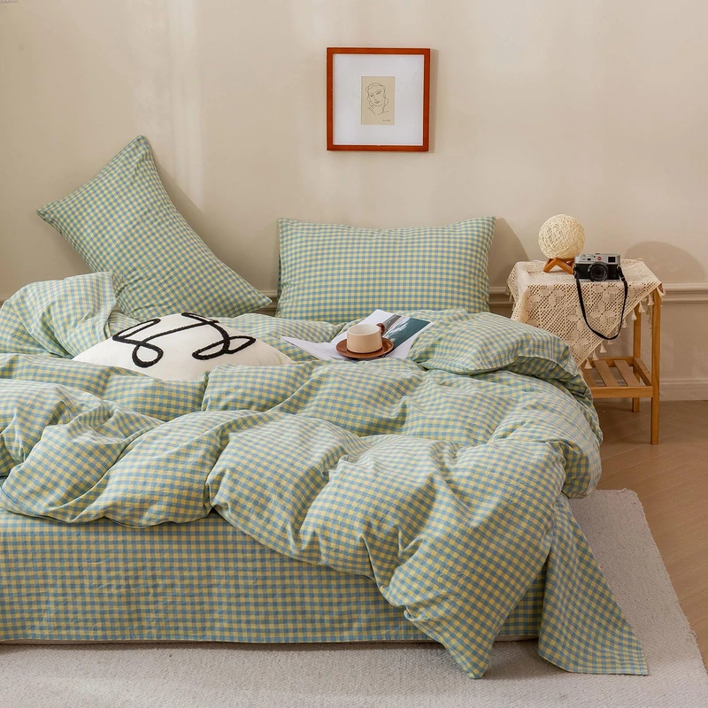 Plaid Duvet Cover Set Queen Blue Yellow Gingham Duvet Cover 100% Washed Cotton Reversible Plaid Bedding Multicolor Buffalo Grid Comforter Cover with 2 Pillowcases Luxury Soft Gingham Bedding Set