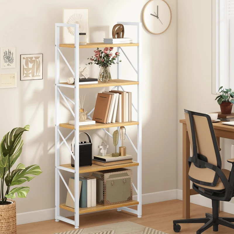 DWVO 5 Tiers Book Shelf, Wood and Metal Bookcase Storage Organizer, Industrial Bookshelf Tall Shelving Unit Display Rack for Living Room Kitchen Bedroom, White and Oak Book Rack