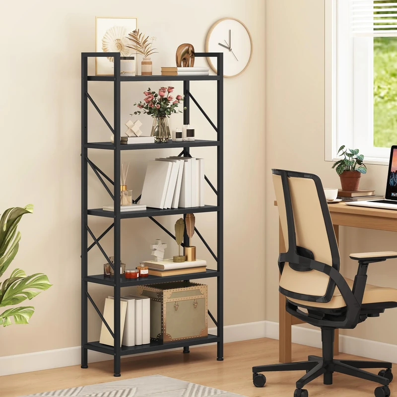 DWVO 5 Tiers Book Shelf, Wood and Metal Bookcase Storage Organizer, Industrial Bookshelf Tall Shelving Unit Display Rack for Living Room Kitchen Bedroom, Black Book Rack