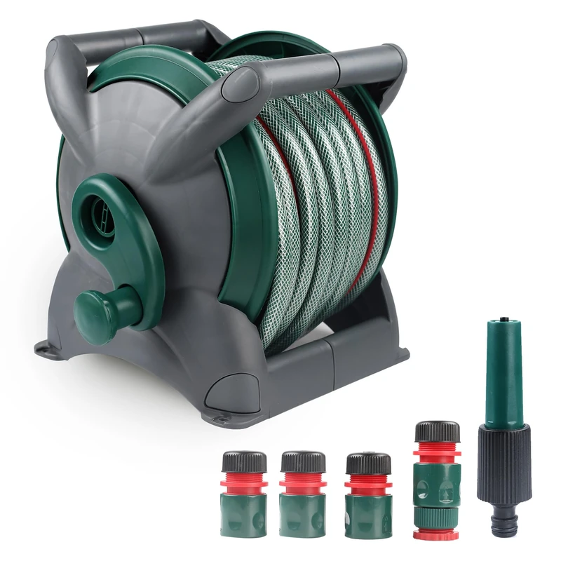 DEKTON Hose Reel Cart with 20M Hose & Nozzle Kit | Heavy-Duty Watering Solution | Portable & Easy Wind-Up Design | Ideal for Gardens, Lawns, and Outdoor Cleaning Tasks, Black