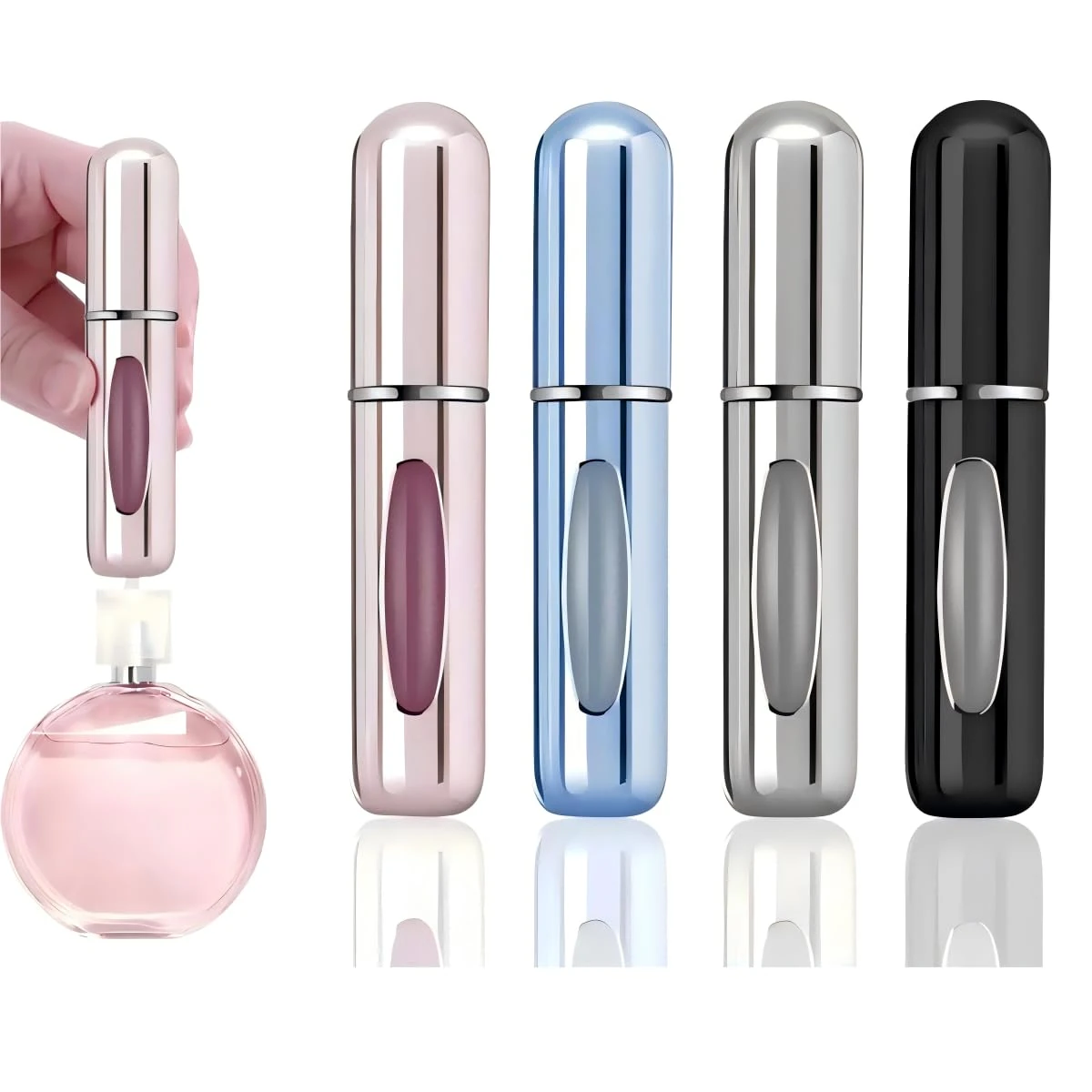 5ml Leakproof Metal Perfume Atomiser Bottle - Premium Travel Spray Bottle with Bottom-Fill Design, 4 Gloss Colours (Black/Silver/Pink/Blue) for Gym, Airplane & Daily Use