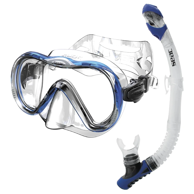 SEAC Set Bis Boss Dry, Silicone Set for Diving and Snorkeling with Mask and Snorkel with Dry Top System and Purge Valve, Blue