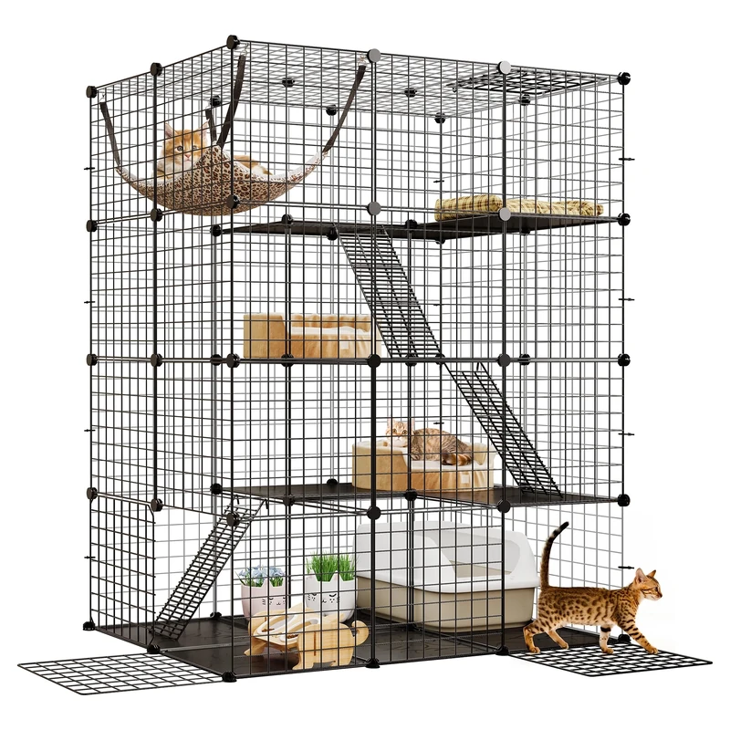 DWVO Large Cat Cage Indoor, Enclosure Metal Wire 4-Tiers Kennels with 4 Doors, 3 Ladders DIY Cat Playpen with Large Hammock, Animals Cages for for 1-3 Bunny Chinchilla Black 104x72x140 cm