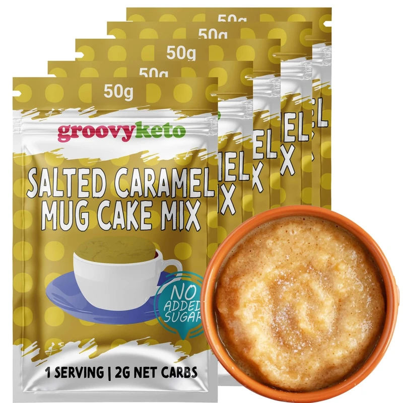 Groovy Keto Mug Cake Mix | Low Carb | Keto Friendly | Sugar Free | Only 2g - 3.5g Net Carbs Per Sachet | Diabetic Friendly (5 Pack, Salted-Caramel)
