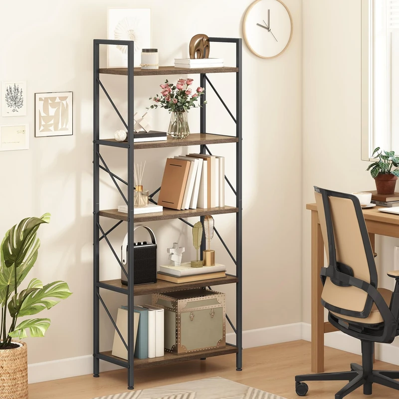 DWVO 5 Tiers Book Shelf, Wood and Metal Bookcase Storage Organizer, Industrial Bookshelf Tall Shelving Unit Display Rack for Living Room Kitchen Bedroom, Grey Book Rack