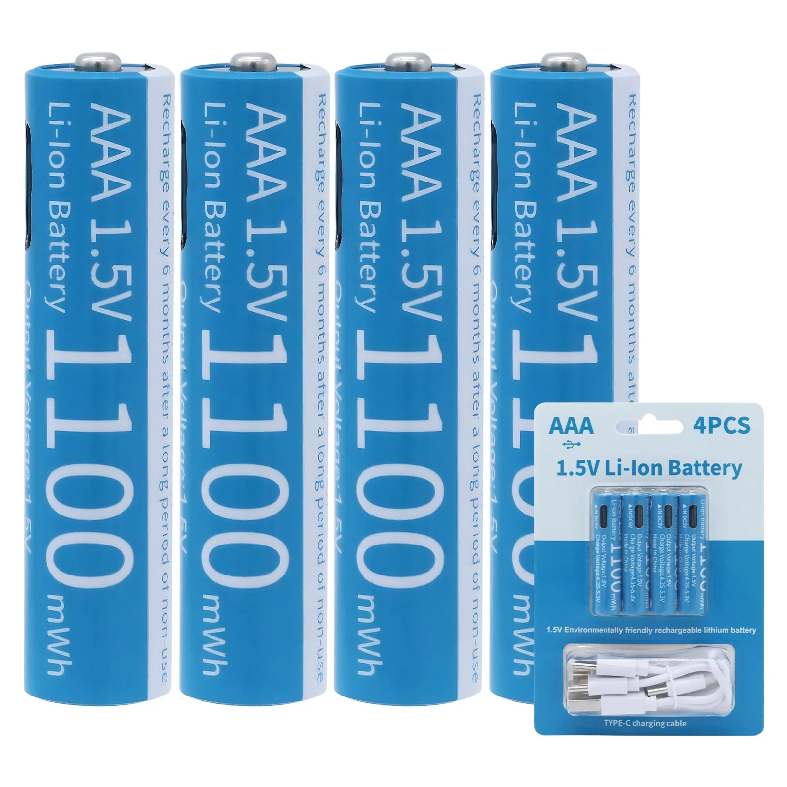 Tosiicop AAA Rechargeable Lithium Batteries - 4 Pack USB-C Rechargable Li-Ion Battery 1.5V 1100mWh with 4 in 1 USB to Type-C Charger Fast Charging Cable High Output (AAA 1100mWh Battery)