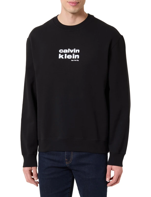 Calvin Klein Men's LS 350FLEECE RETRO GRAPHIC CREWN LV04LE250G, BLACK, L