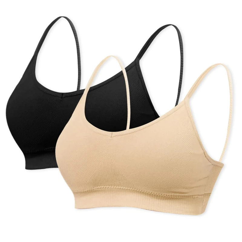 mtuihfo 2Pack Padded Bralettes for Women Non Wired Sports Sleep Bra Seamless Yoga Bra with Single Strap Removable Pads for Women Girls (UK, Alpha, S, Regular, Regular, Beige+Black)