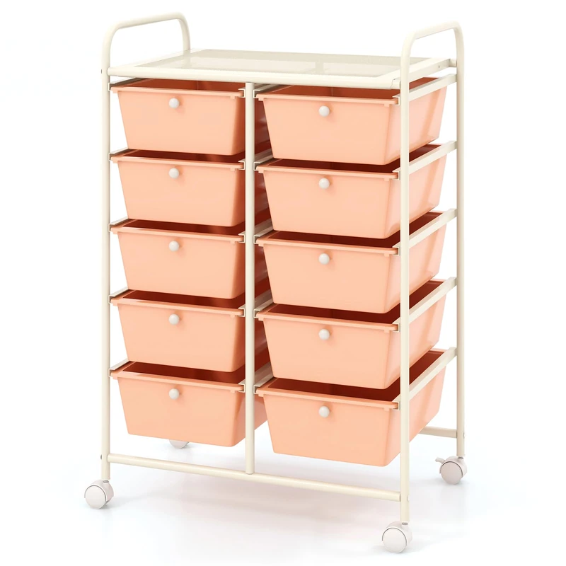 GiantexUK 10 Drawers Storage Cart, Mobile Rolling Storage Trolley with 4 Lockable Wheels & Handles, Utility Shelving Organizer Unit for Home Office Salon Beauty Make up (Peach)