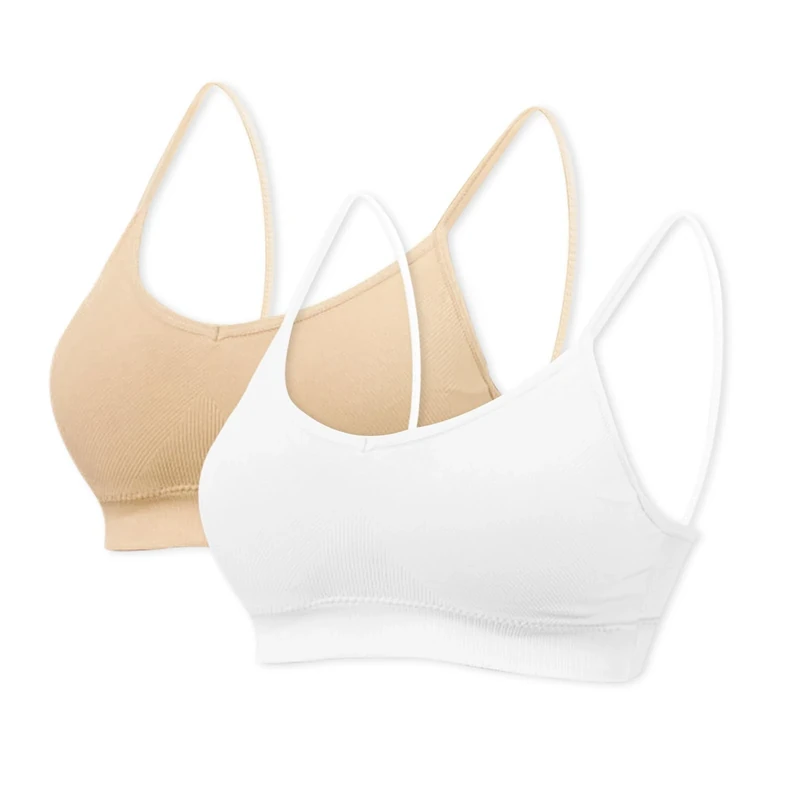 mtuihfo 2Pack Padded Bralettes for Women Non Wired Sports Sleep Bra Seamless Yoga Bra with Single Strap Removable Pads for Women Girls (UK, Alpha, S, Regular, Regular, Beige+White)