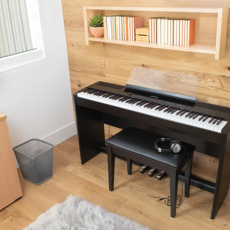 Sonix SXP8 portable digital piano in black satin supplied with fixed stand and 3 pedal unit, with 88 note touch sensitive graded hammer action keyboard, Bluetooth, and 90 selectable voices