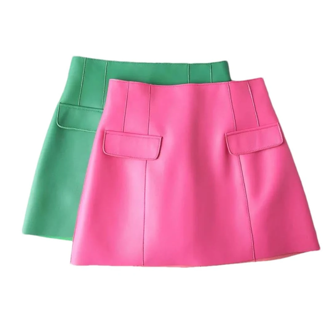 Women Leather Sexy Mini Skirt High Waist Retro A-Line Skirt Solid Short Biker Style Leather Skirt Beige XL