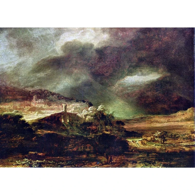 ARTICULOZY City on a hill in stormy weather by Rembrandt - 40x50 Inch Rolled Poster Wall Decor Art Print