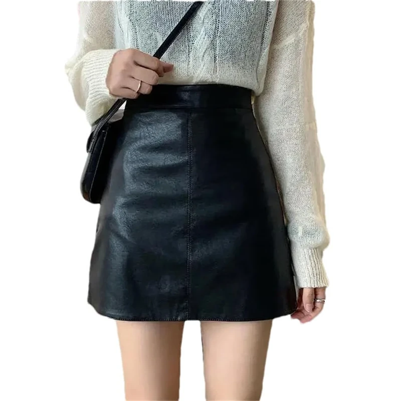 Women Leather Short Skirt High Waisted A-Line Skirts Solid Pockets A-Line Mini Skirt Black L(0810)