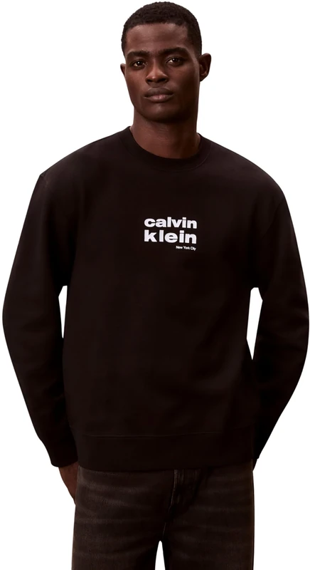 Calvin Klein Men's LS 350FLEECE RETRO GRAPHIC CREWN LV04LE250G, BLACK, XS