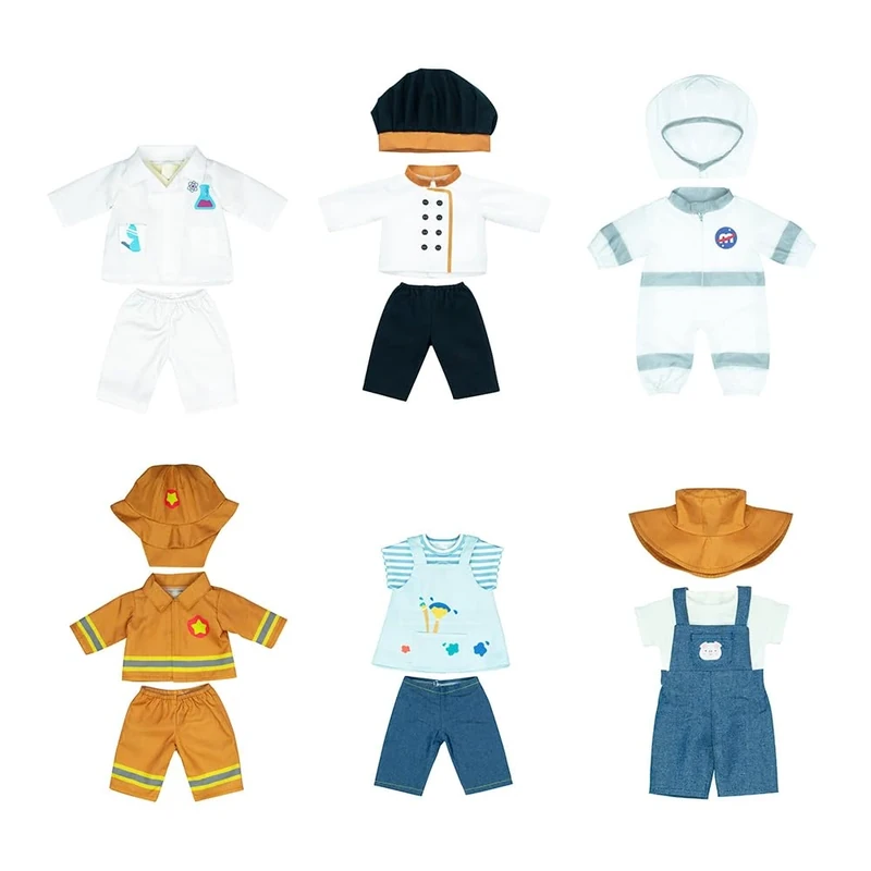 Miniland - 38 cm Doll Clothes, 6-Profession Outfit Set (Scientist + Chef + Astronaut + Artist + Farmer + Firefighter), Roleplay Clothing Accessory for Dolls