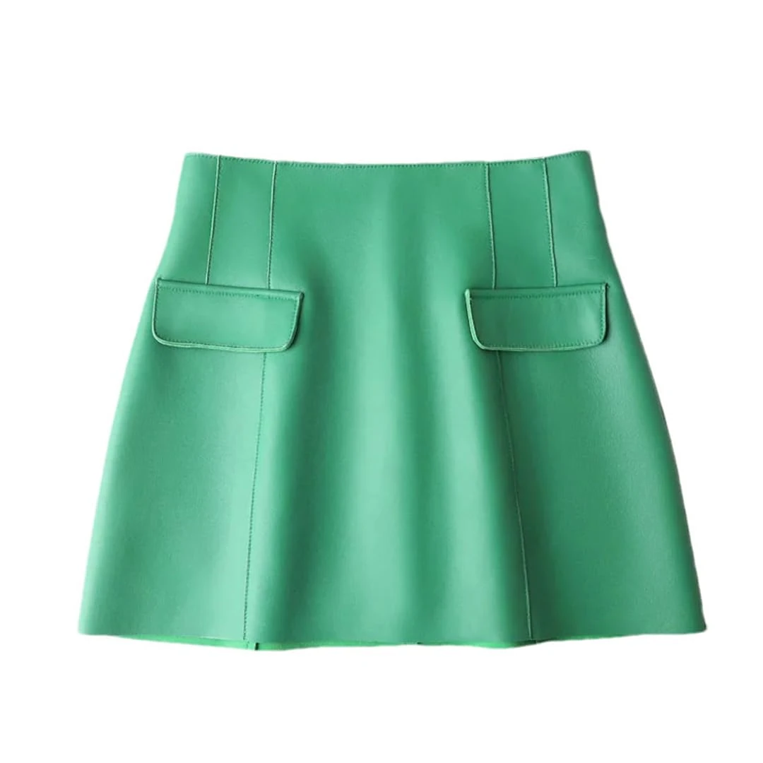 Women Leather Sexy Mini Skirt High Waist Retro A-Line Skirt Solid Short Biker Style Leather Skirt Sky Blue XL