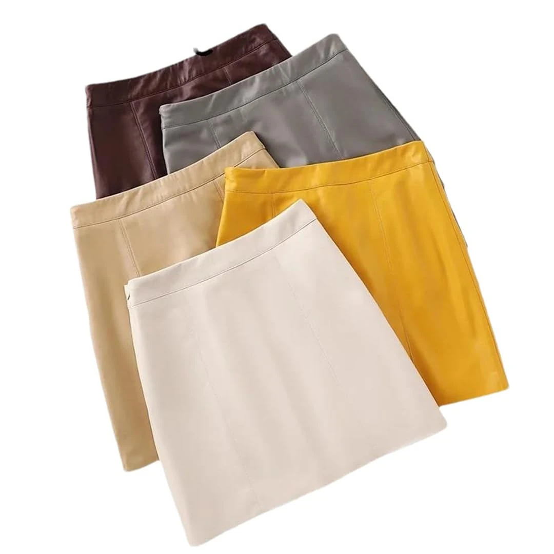 Women Mini Leather Skirts Leather High Waisted Short Skirt Solid Bodycon Sexy Club Skirt Black L(0810)