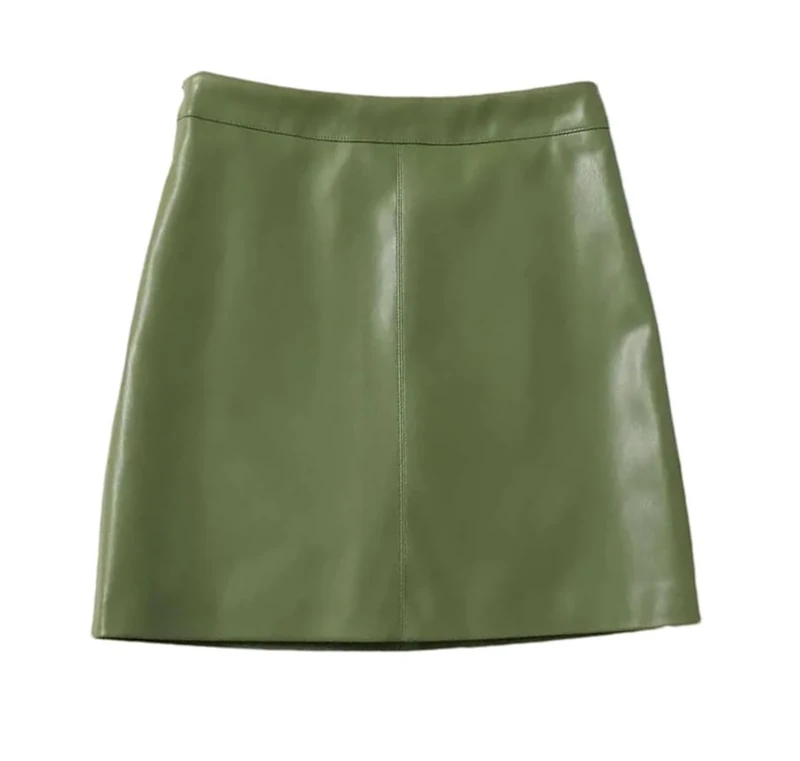 Women Leather Short Skirt High Waisted A-Line Skirts Solid Office Mini A-Line Skirt Army En8 XXL(14)
