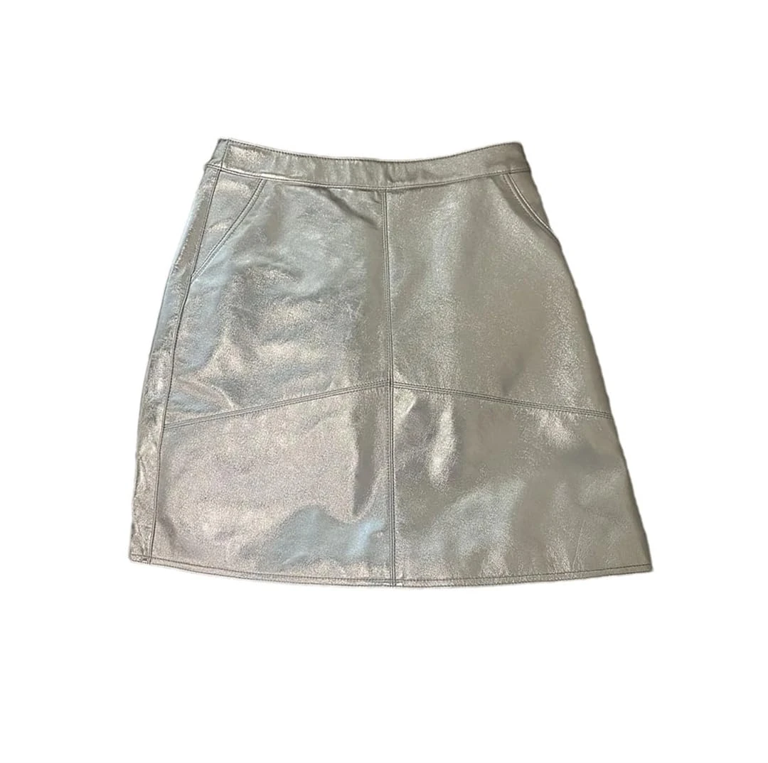 Pulcykp Women Leather Mini Skirts Y2k High Waist A Line Leather Skirt Short Pockets A-Line Skirt Silver XXL