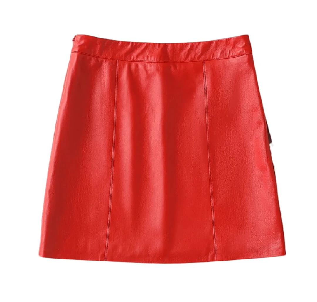 Women Mini Leather Skirts Leather High Waisted Short Skirt Solid Bodycon Sexy Club Skirt Red L(0810)