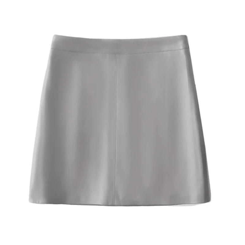 Women Leather Short Skirt High Waisted A-Line Skirts Solid Pockets A-Line Mini Skirt Gray9 L(0810)