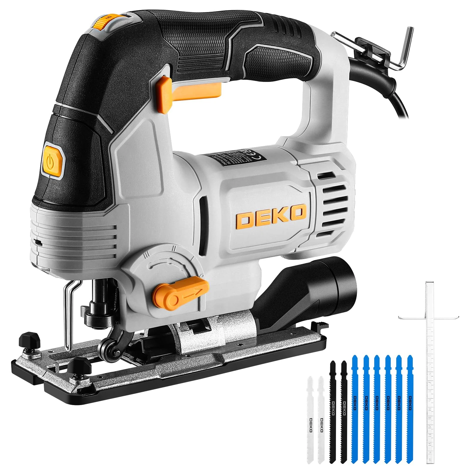 Electric Jigsaw Tool: DEKOPRO 800W Power Jig Saws with LED Light Laser, 4 Orbital Sets, 6 Variable Speed, 800-3000 SPM, ±45°Bevel Cutting Cut Blades, with 10 PCS Sawblades for Wood, Metal, Plastic