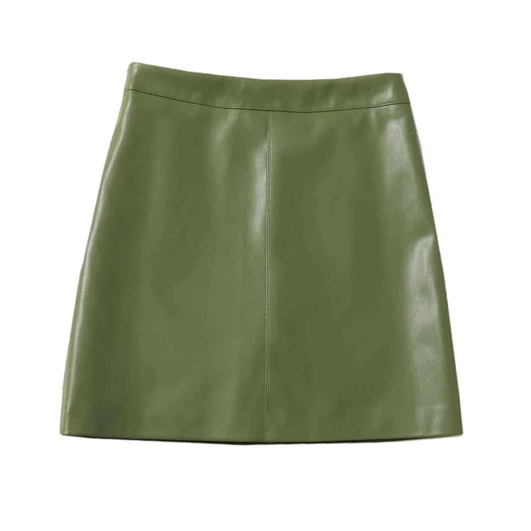 Women Leather Short Skirt High Waisted A-Line Skirts Solid Pockets A-Line Mini Skirt En8 L(0810)