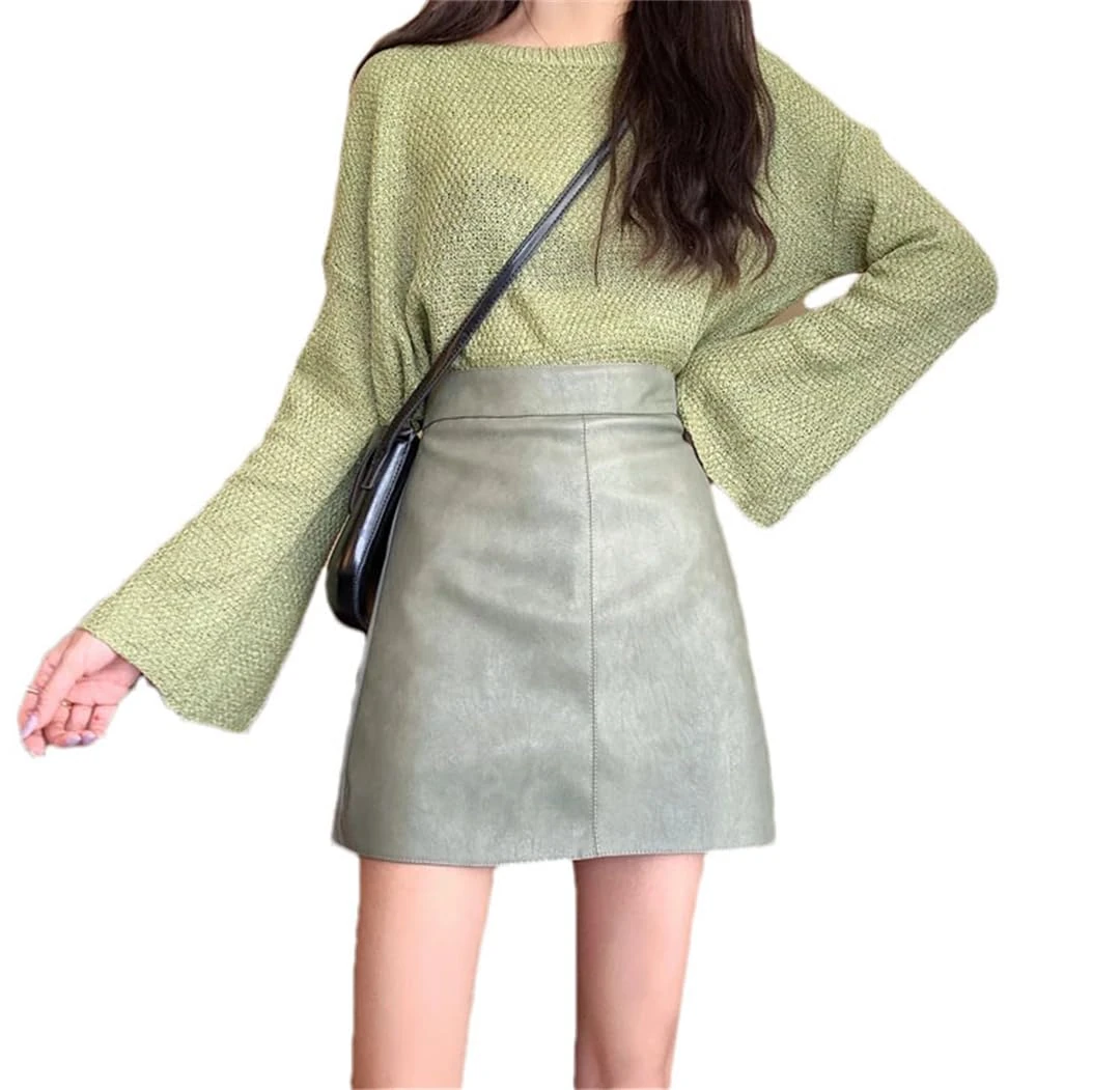 Women Leather Short Skirt High Waisted A-Line Skirts Solid Pockets A-Line Mini Skirt Light En8 L(0810)