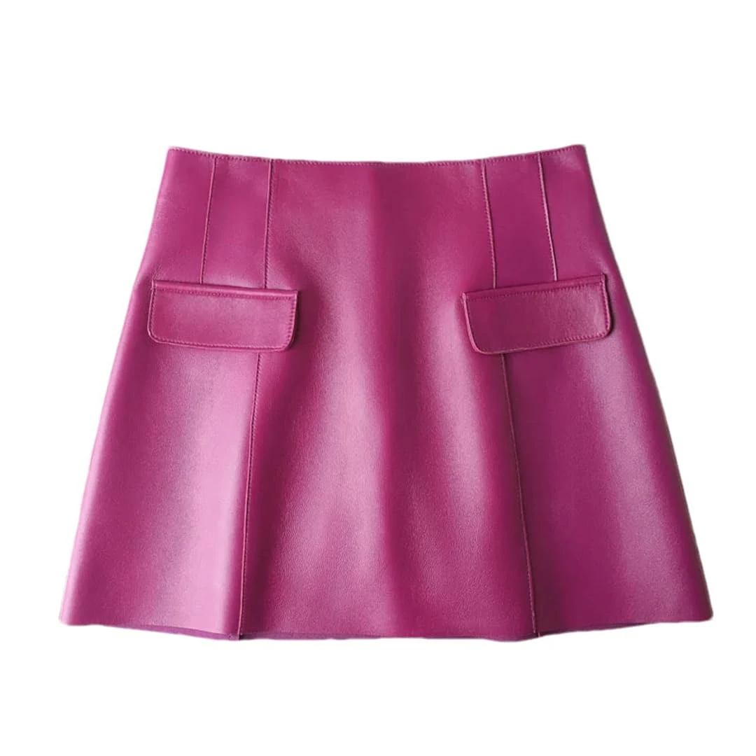 Women Leather Sexy Mini Skirt High Waist Retro A-Line Skirt Solid Short Biker Style Leather Skirt Purple XL