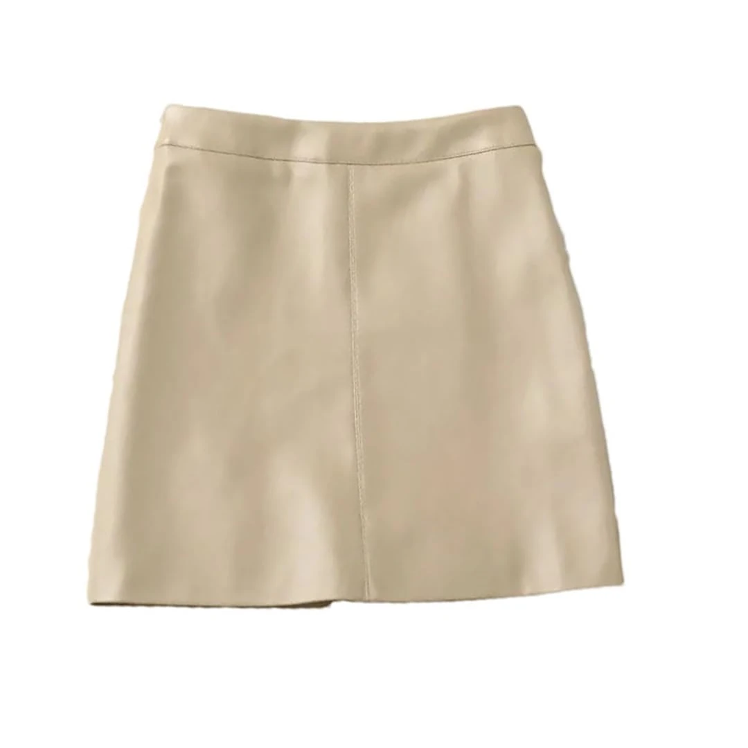Women Leather Short Skirt High Waisted A-Line Skirts Solid Office Mini A-Line Skirt Khaki XXL(14)