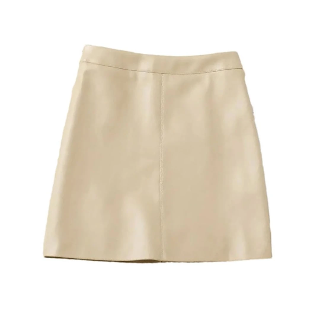 Women Leather Short Skirt High Waisted A-Line Skirts Solid Pockets A-Line Mini Skirt Apricot L(0810)