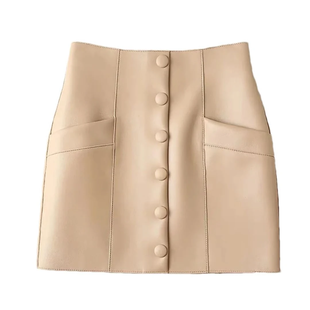 Women Single Breasted Leather Mini Skirts High Waist Sexy Leather Skirt Solid Loose A-Line Skirt Khaki L