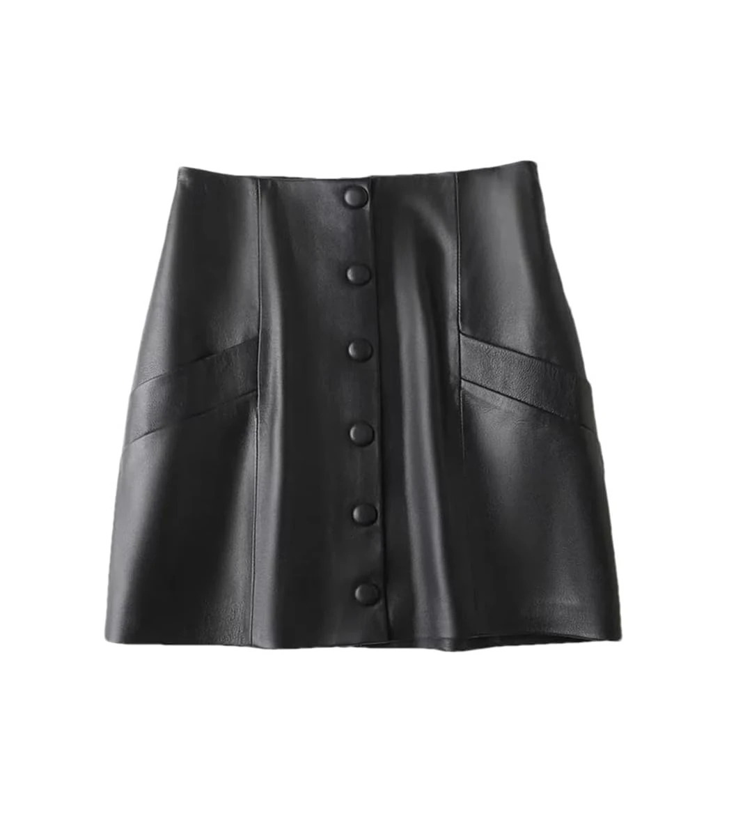 Women Single Breasted Leather Mini Skirts High Waist Sexy Leather Skirt Solid Loose A-Line Skirt Black L